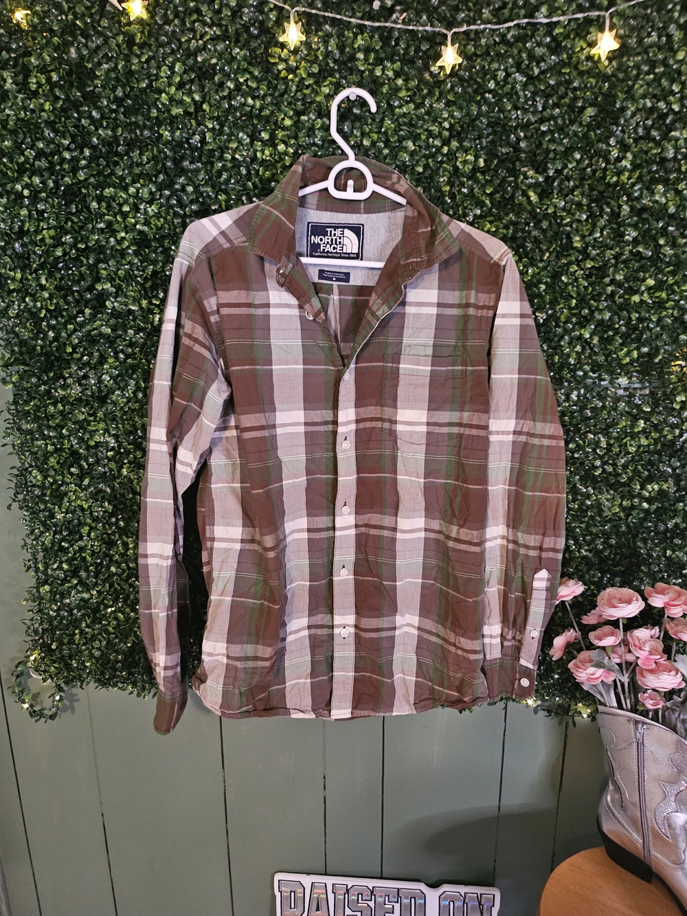The North Face Men's Brown and Tan Plaid Button-Down Shirt